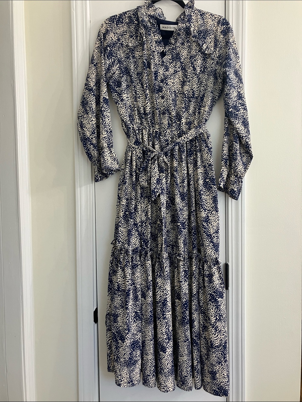 Madison Navy & White Printed Tie-Waist Maxi Dress